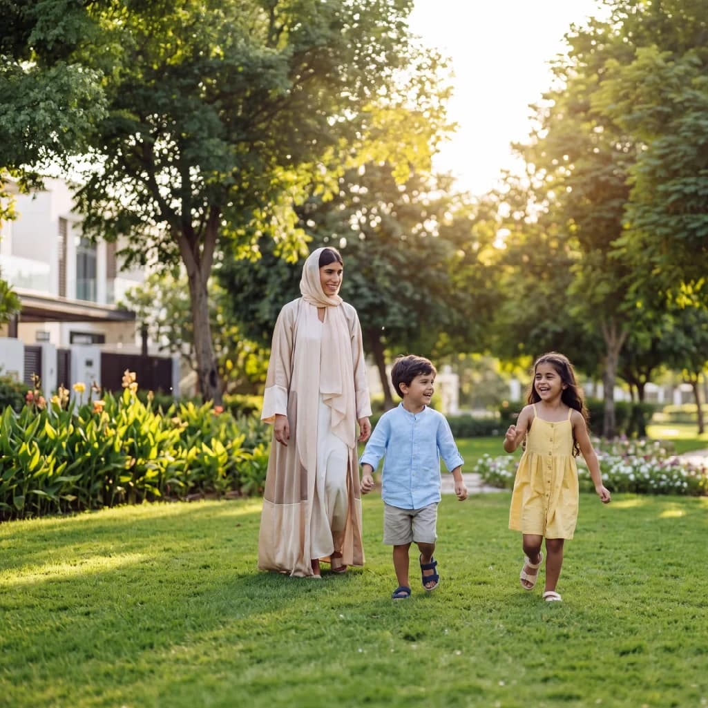 A family enjoying the green spaces at Azizi Florence