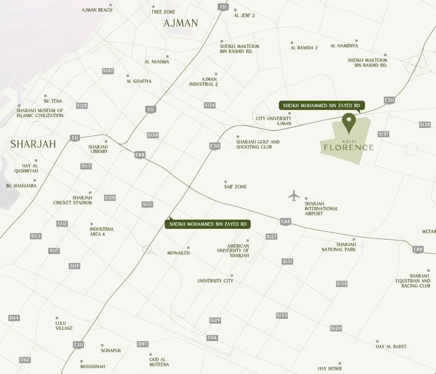 Developer location map placing Azizi Florence in Um Fanain, Sharjah, by E311