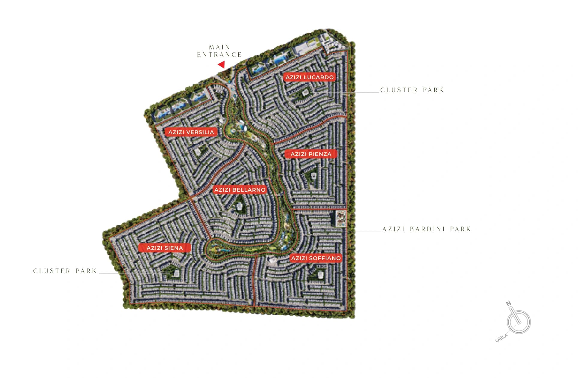 Azizi Florence master plan showing six clusters around Azizi Bardini Park